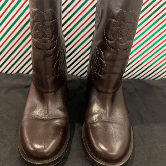 CHANEL Camellia Leather Mid-Calf Boots – Size 38.5 - Picture 9 of 16